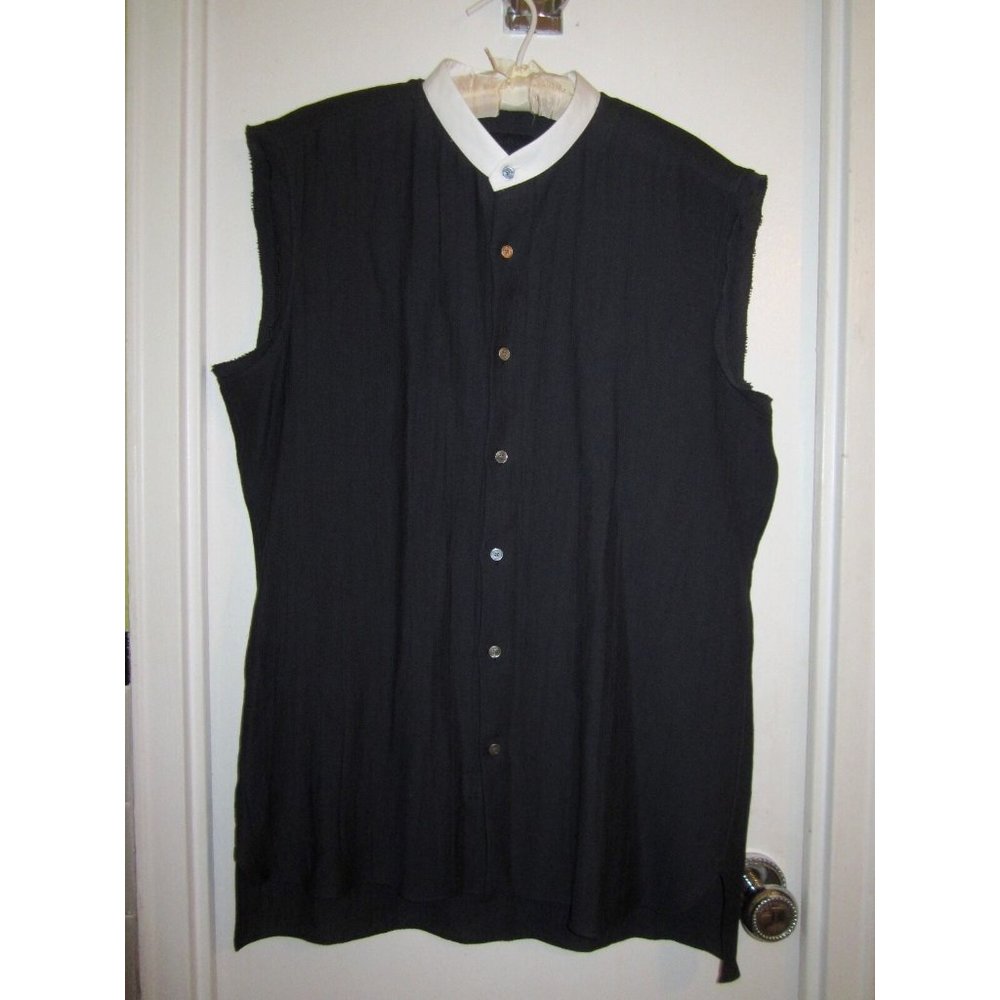 Lanvin 42 M Black Sleeveless Blouse White Collar Semi Sheer Cotton Silk